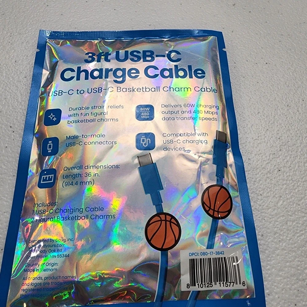 Wired Earbuds 3.5 AUX CABLE/ 3FT CHARGE CABLE USB-C Basketball Charm Brand New